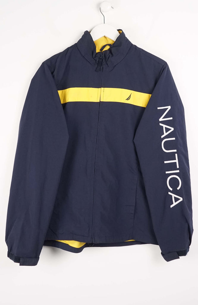 Nautica jacket with yellow stripe on a white background