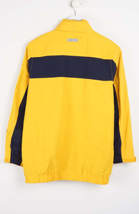 Yellow jacket with a navy stripe on a white background