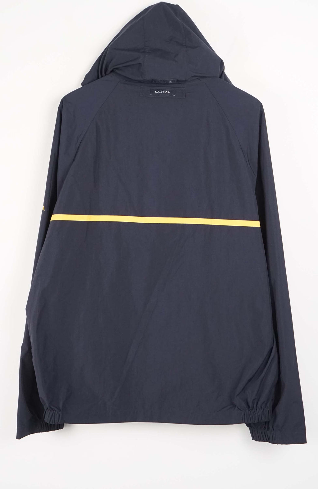 Navy raincoat with yellow accents and Nautica logo on a white background