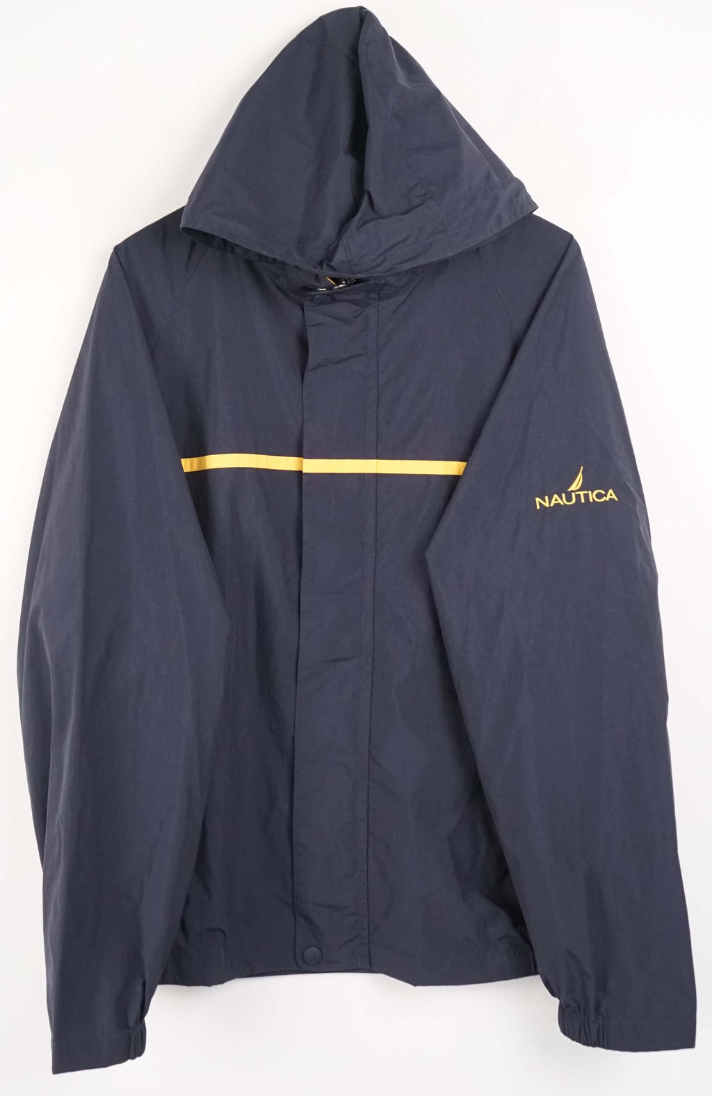 Navy raincoat with yellow accents and Nautica logo on a white background
