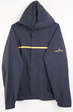 Navy raincoat with yellow accents and Nautica logo on a white background