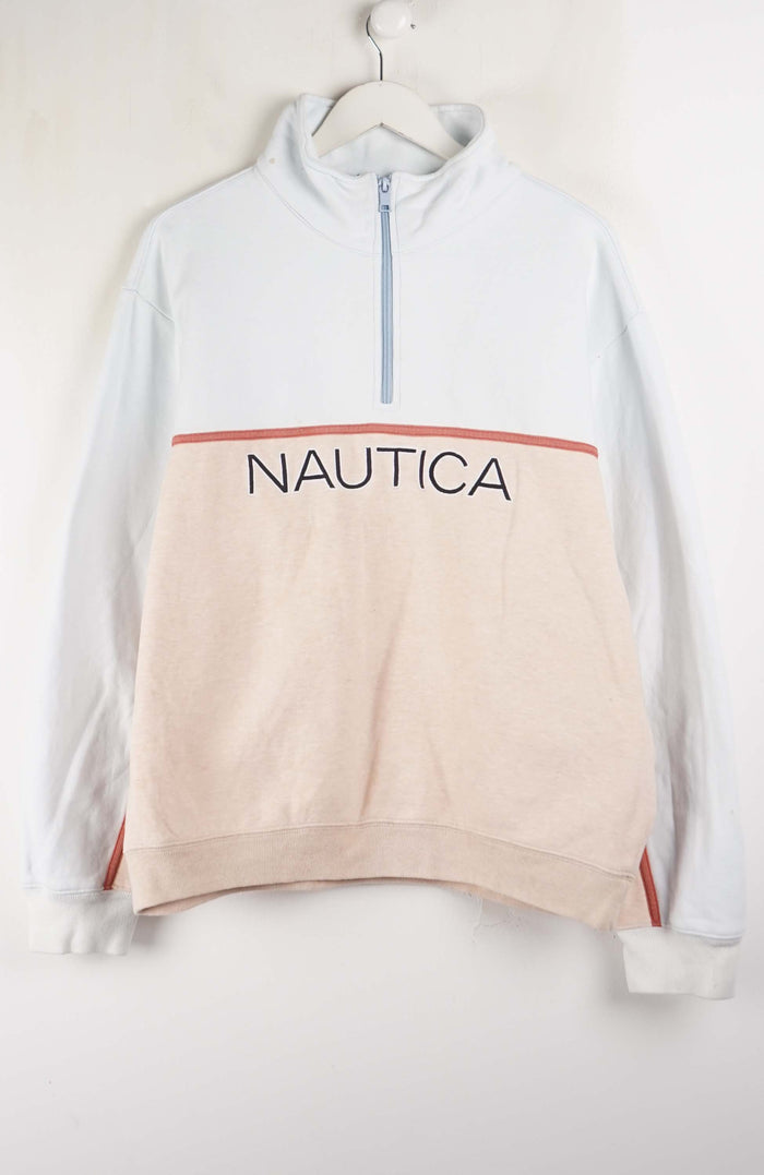 Nautica sweatshirt on a hanger against a white background