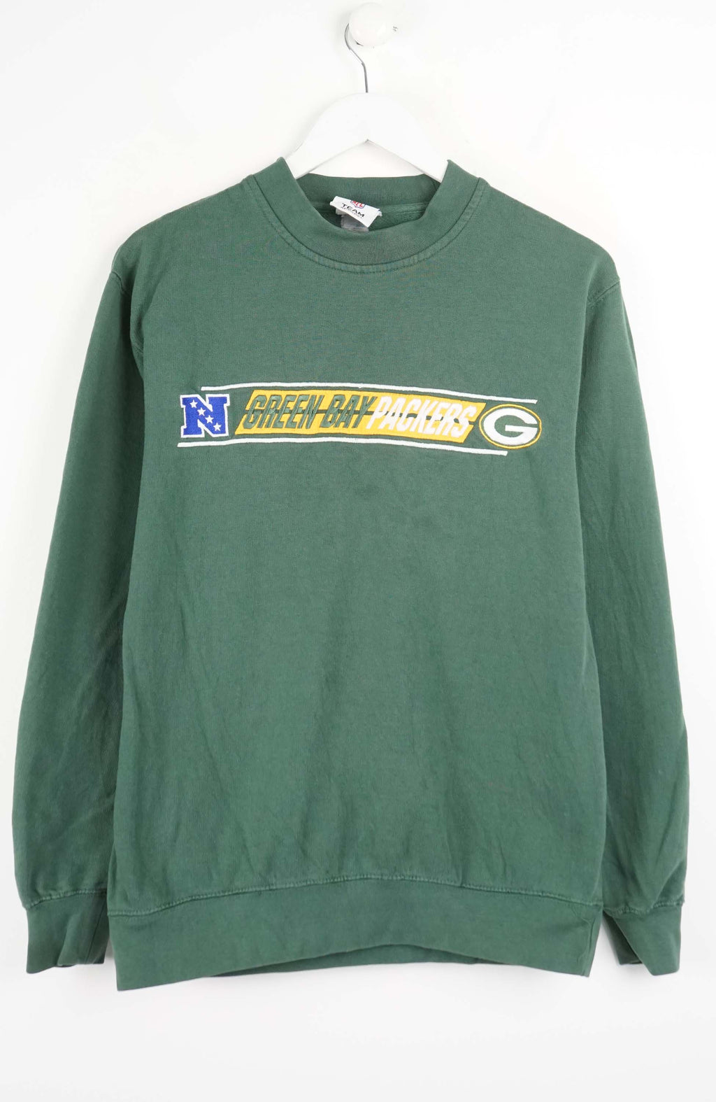 Green sweatshirt with a logo on a white background