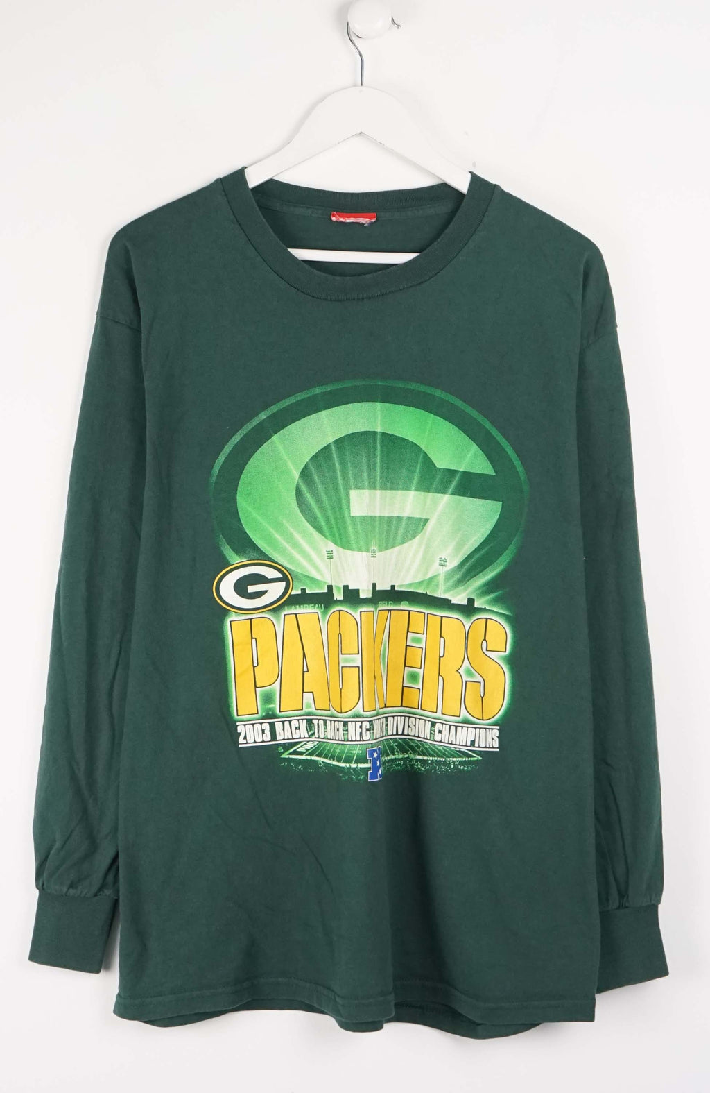 Green long-sleeve shirt with Packers logo on a white background