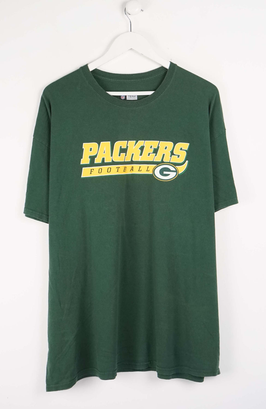 Green t-shirt with 'Packers Football' text on a white background