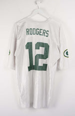 White sports jersey with 'Rodgers' and number '12' on a white background