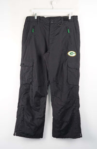 Black cargo pants with a logo on a white background
