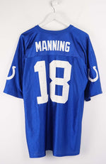 Blue sports jersey with 'Manning' and number '18' on a white background