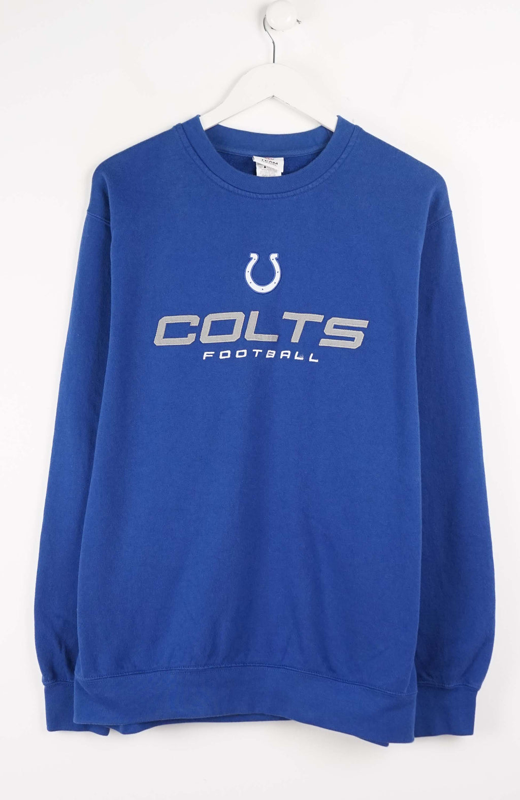 Blue sweatshirt with 'Colts Football' text and logo on a white background