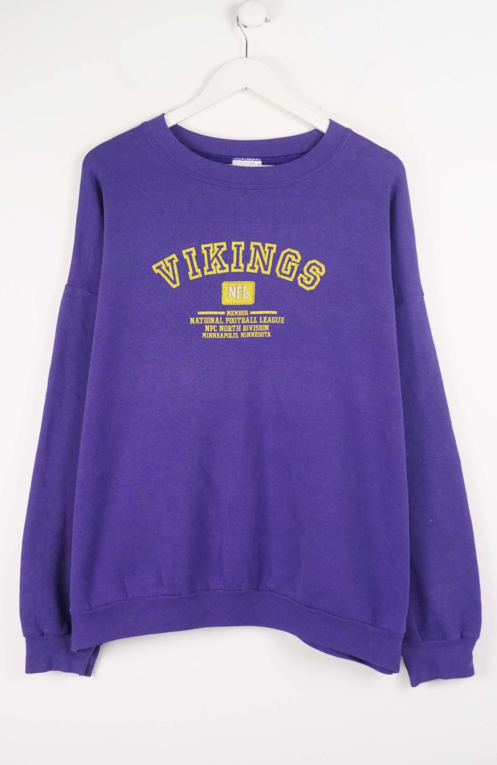 Purple sweatshirt with 'Vikings' text on a white background