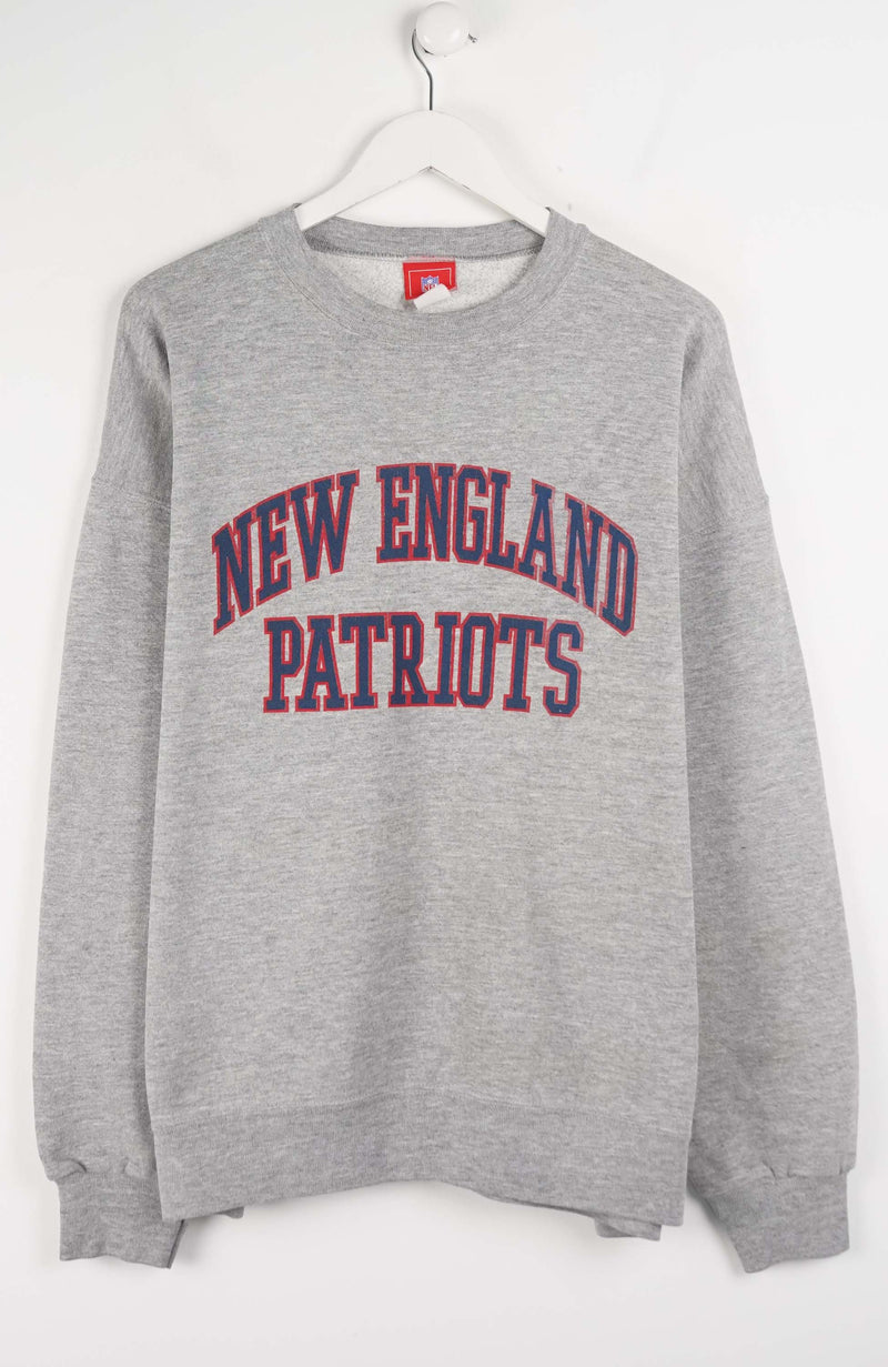 Gray sweatshirt with 'New England Patriots' text on a white background