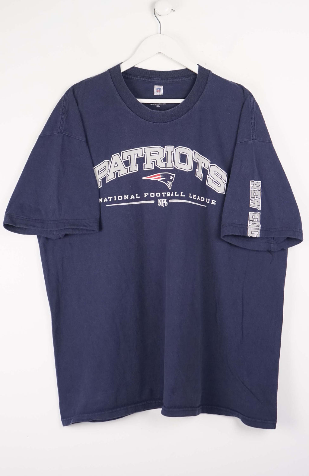 Navy blue t-shirt with 'Patriots' text and logo on a white background
