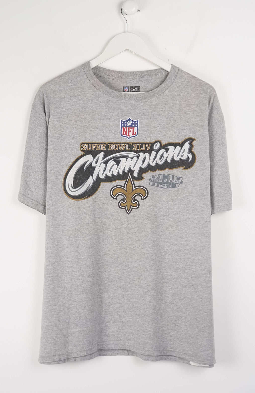 Gray t-shirt with Super Bowl Champions text and logo on a white background