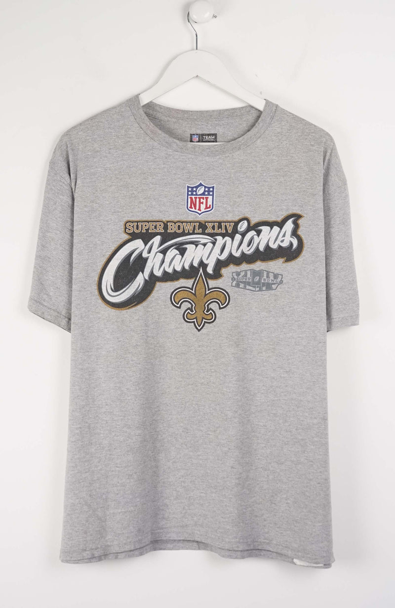 Gray t-shirt with Super Bowl Champions text and logo on a white background