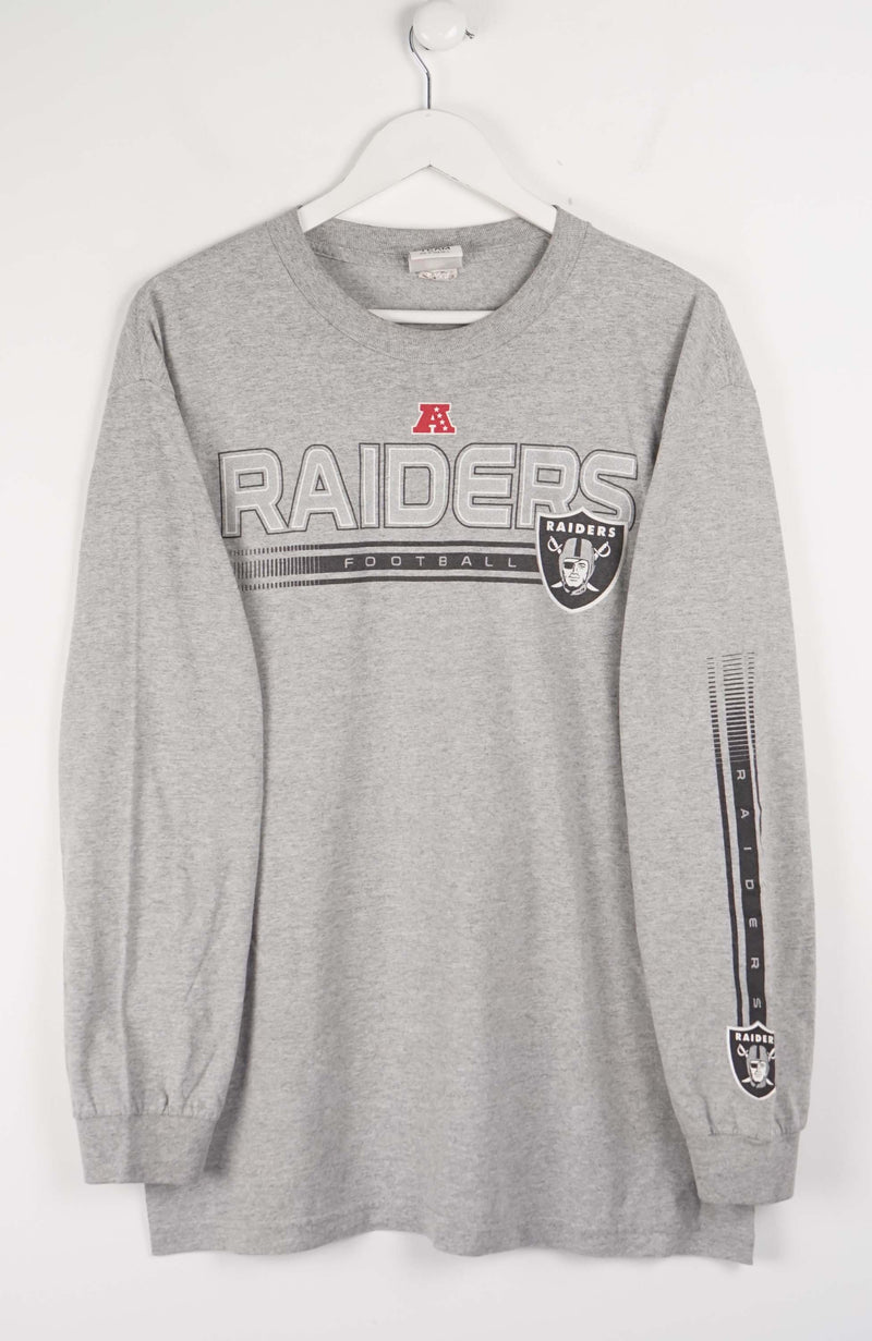 Gray long-sleeve shirt with 'Raiders' logo on a white background