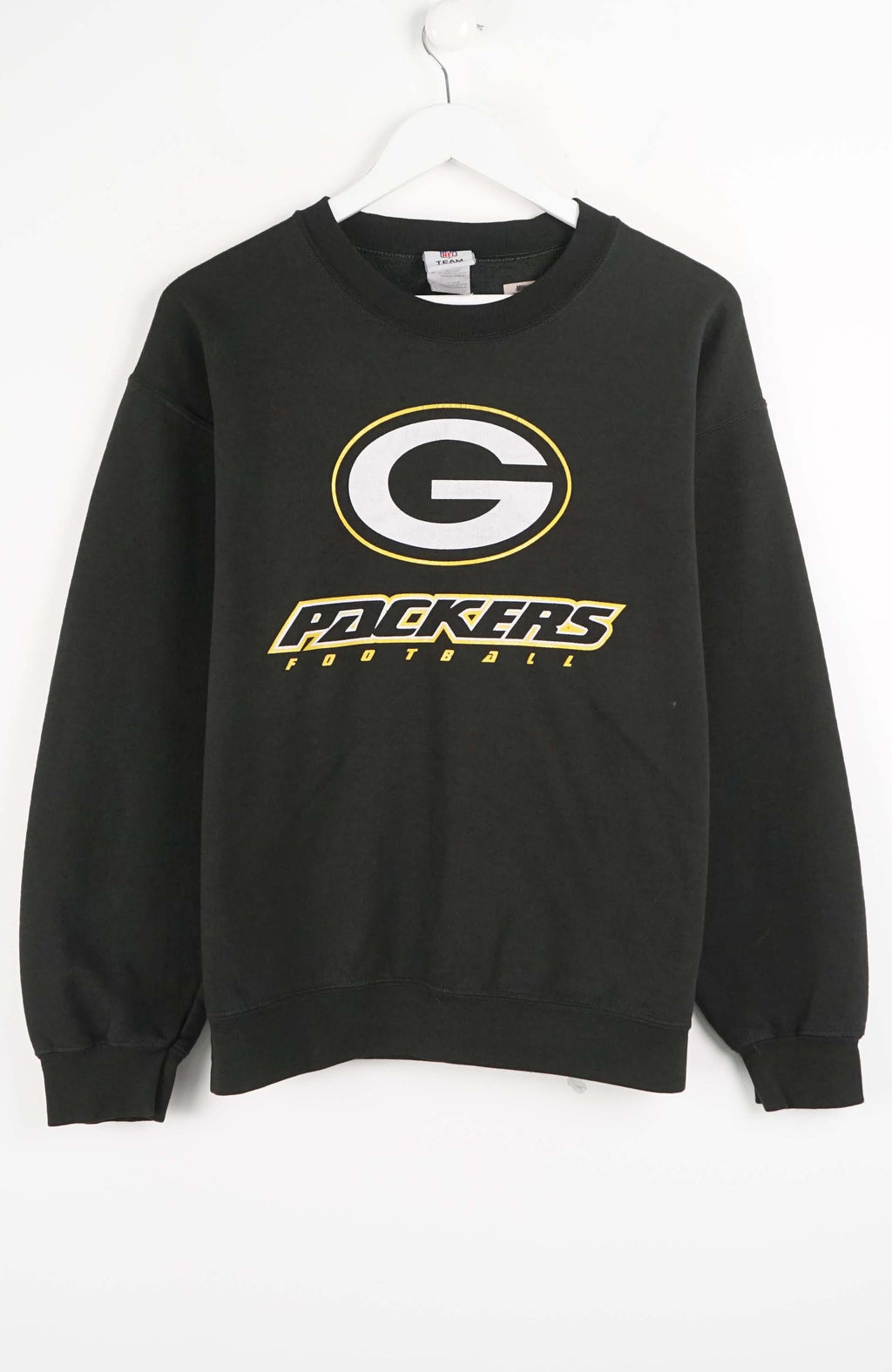 Black sweatshirt with Green Bay Packers logo on a white background