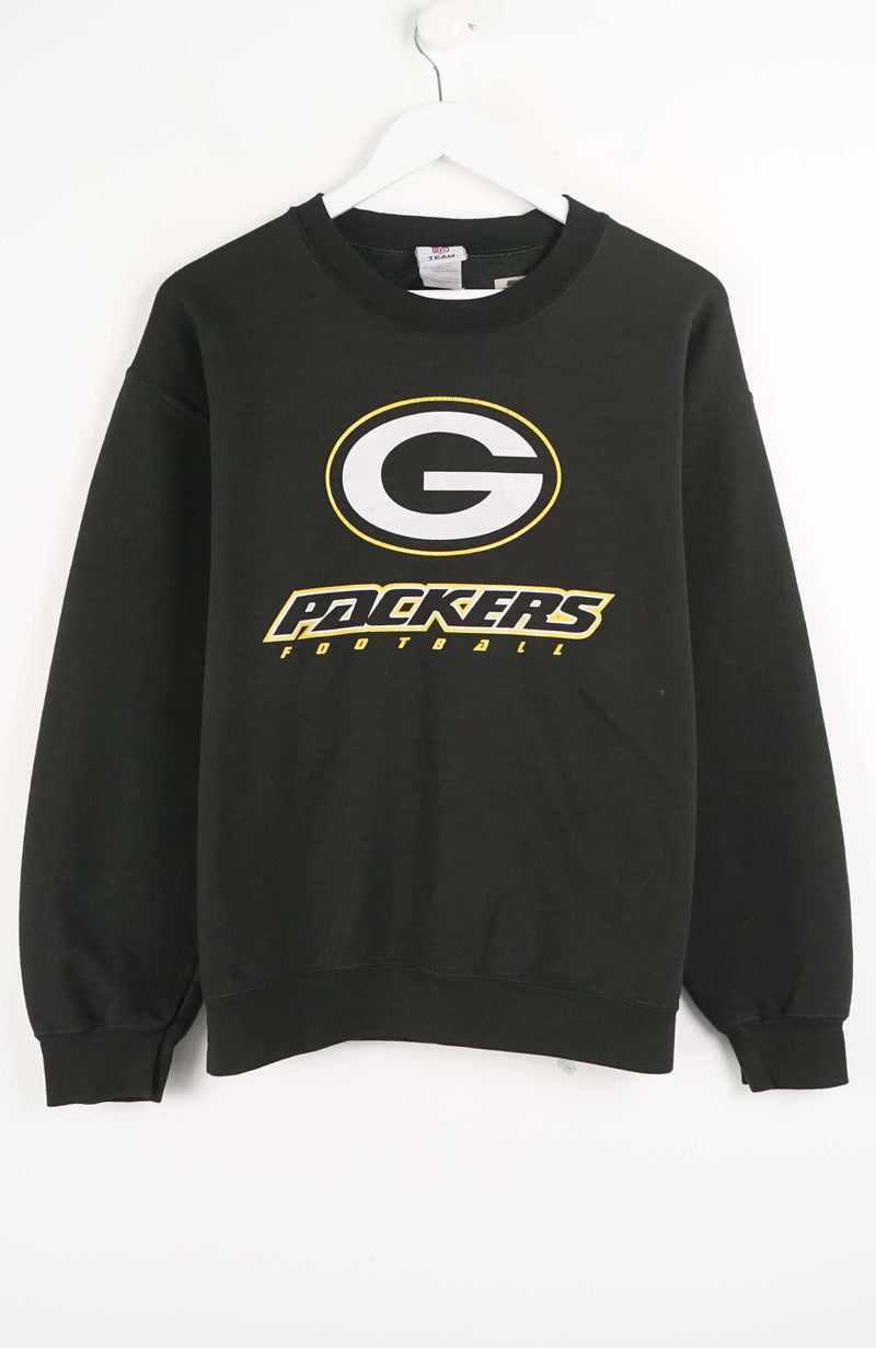 Black sweatshirt with Green Bay Packers logo on a white background