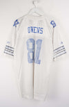 White sports jersey with blue lettering and number on a white background