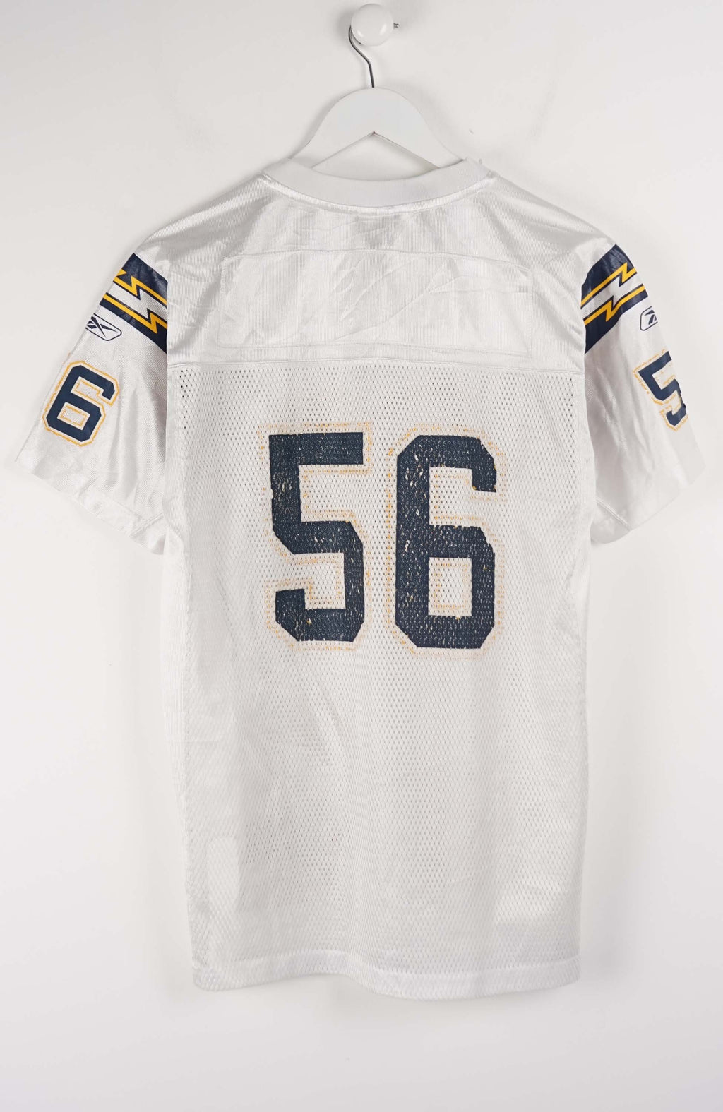 White sports jersey with blue numbers on a white background