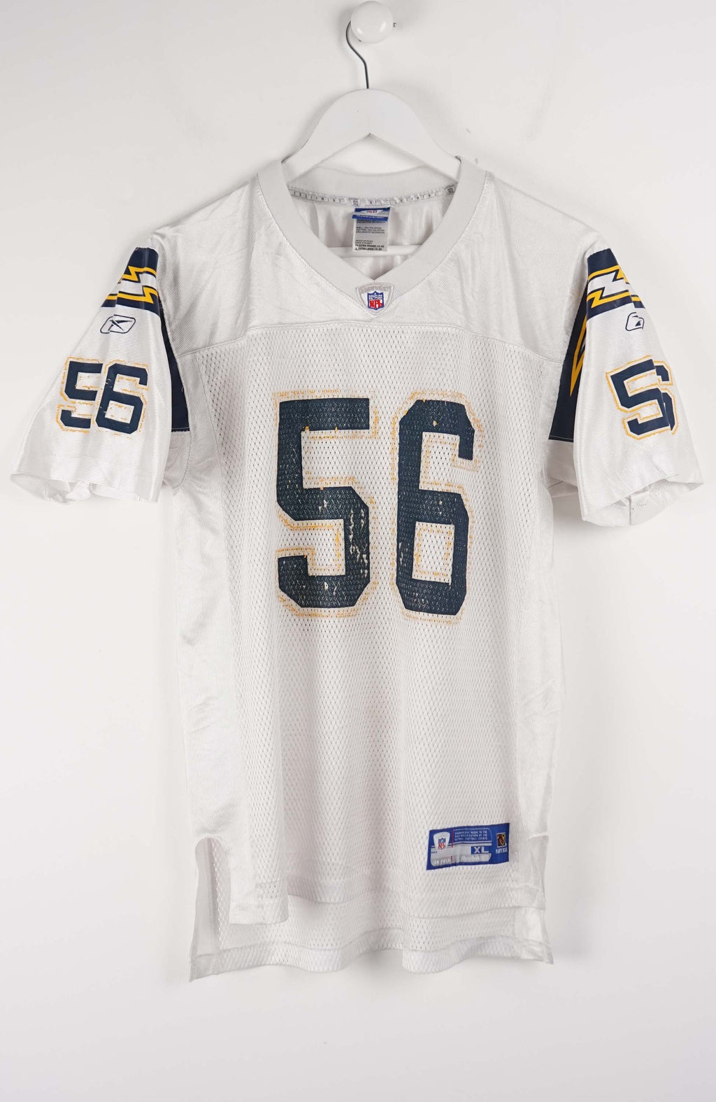 White sports jersey with blue numbers on a white background