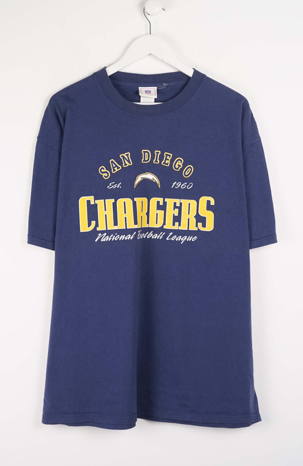 Blue t-shirt with 'San Diego Chargers' text and logo on a white background