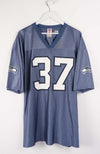 Blue sports jersey with number 37 on a white background
