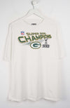 White t-shirt with Super Bowl Champions text and logo on a white background