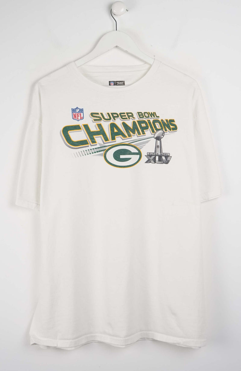 White t-shirt with Super Bowl Champions text and logo on a white background