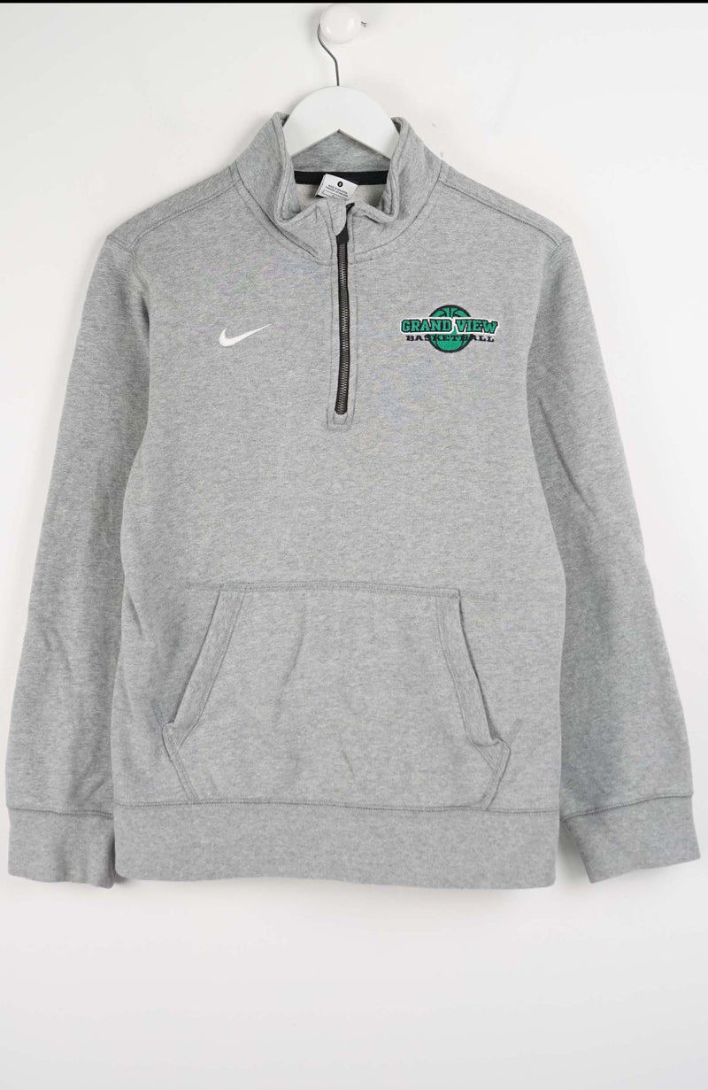 Gray Nike pullover with a logo on a white background