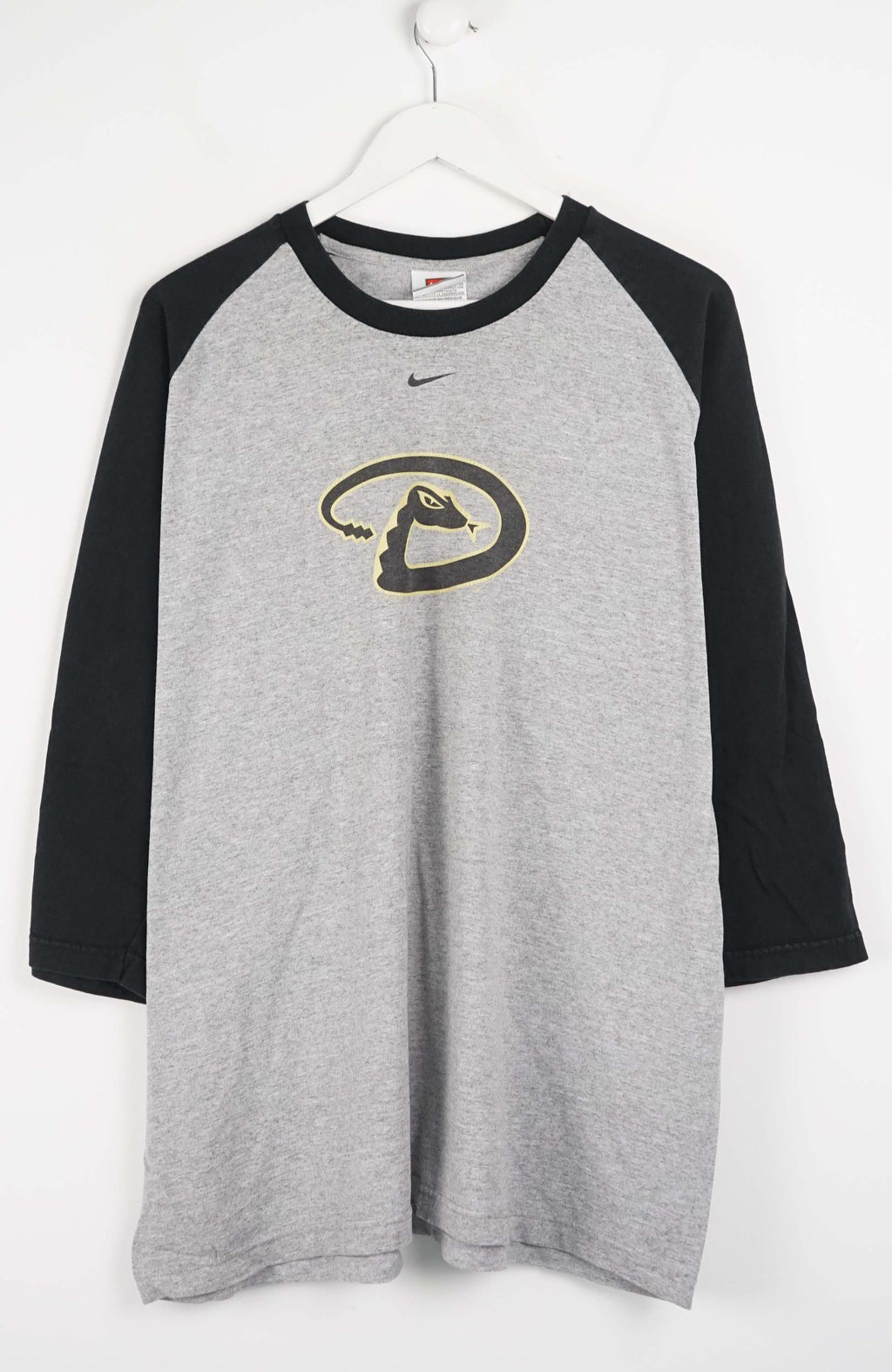 Gray and black baseball shirt with a logo on a white background