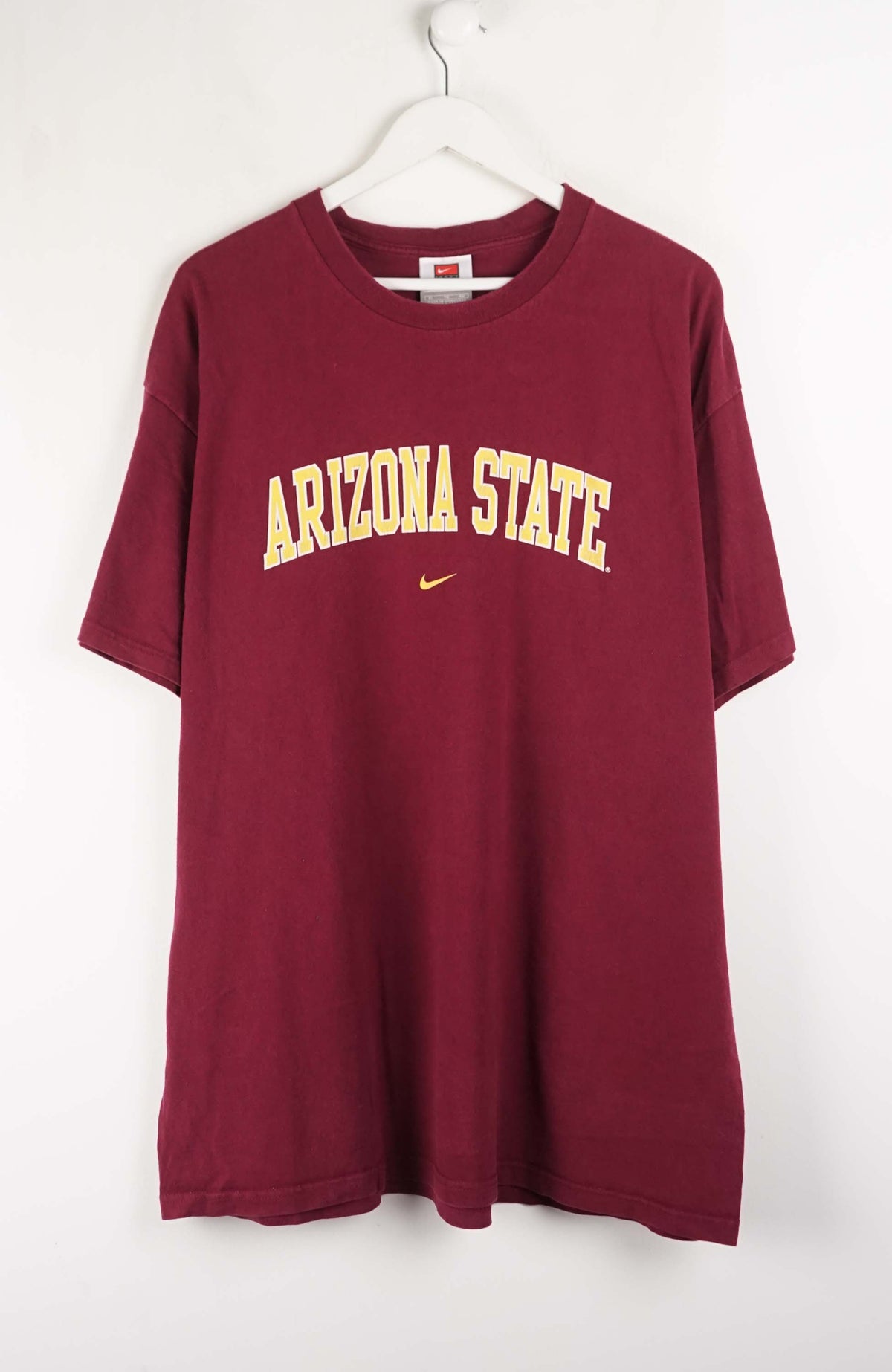 Maroon t-shirt with 'Arizona State' text on a white background