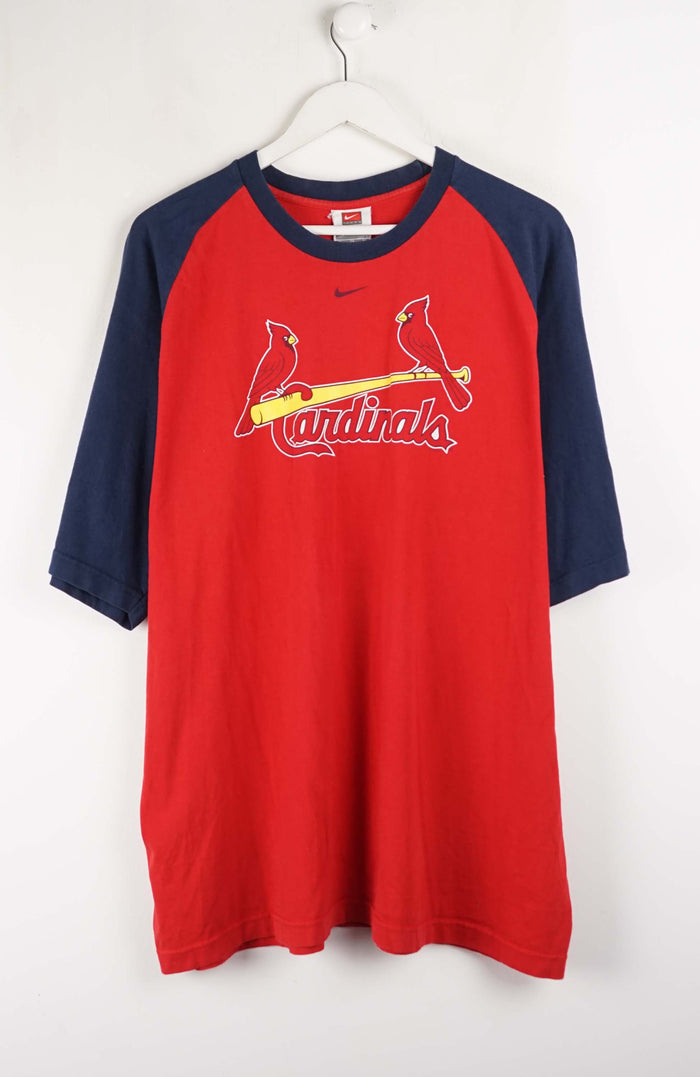 Red and navy baseball shirt with St. Louis Cardinals logo on a white background