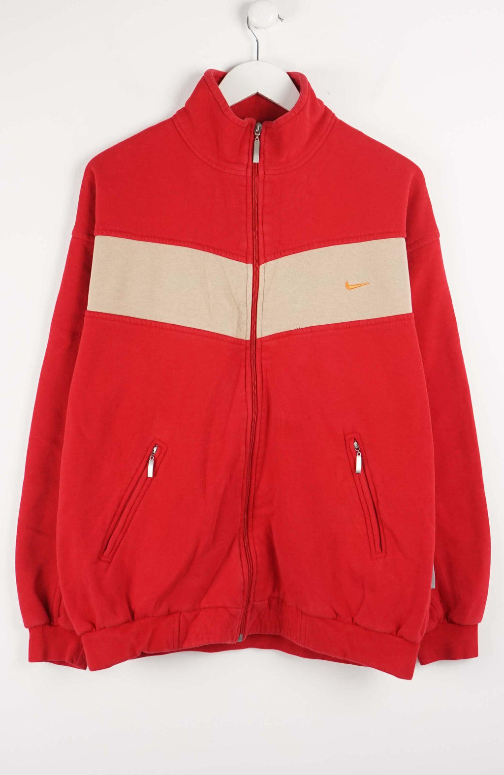 Red jacket with beige stripe featuring a logo on a white background