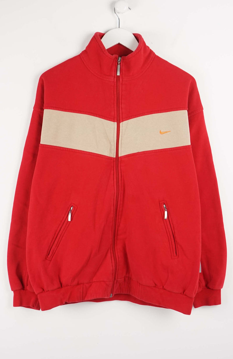 Red jacket with beige stripe featuring a logo on a white background