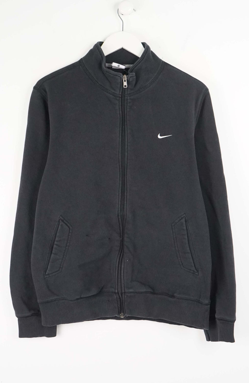 Black zip-up sweatshirt with a Nike logo on a white background