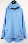 Blue hooded jacket with brand logos on a white background