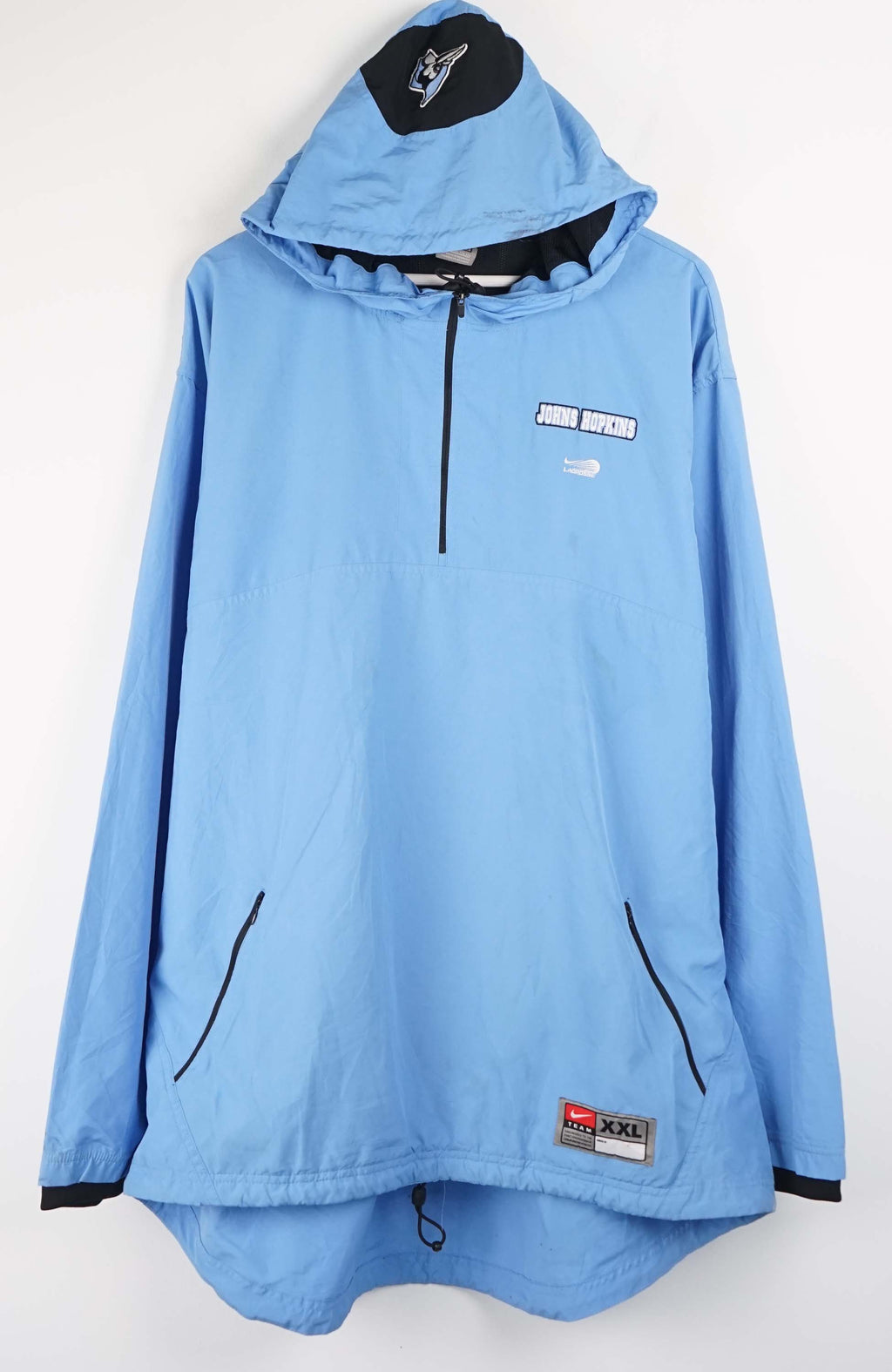Blue hooded jacket with brand logos on a white background