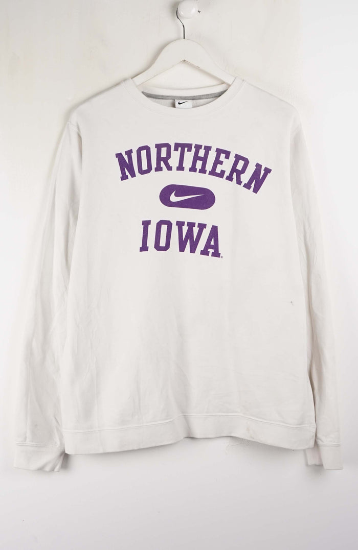 White sweatshirt with 'Northern Iowa' text on a white background