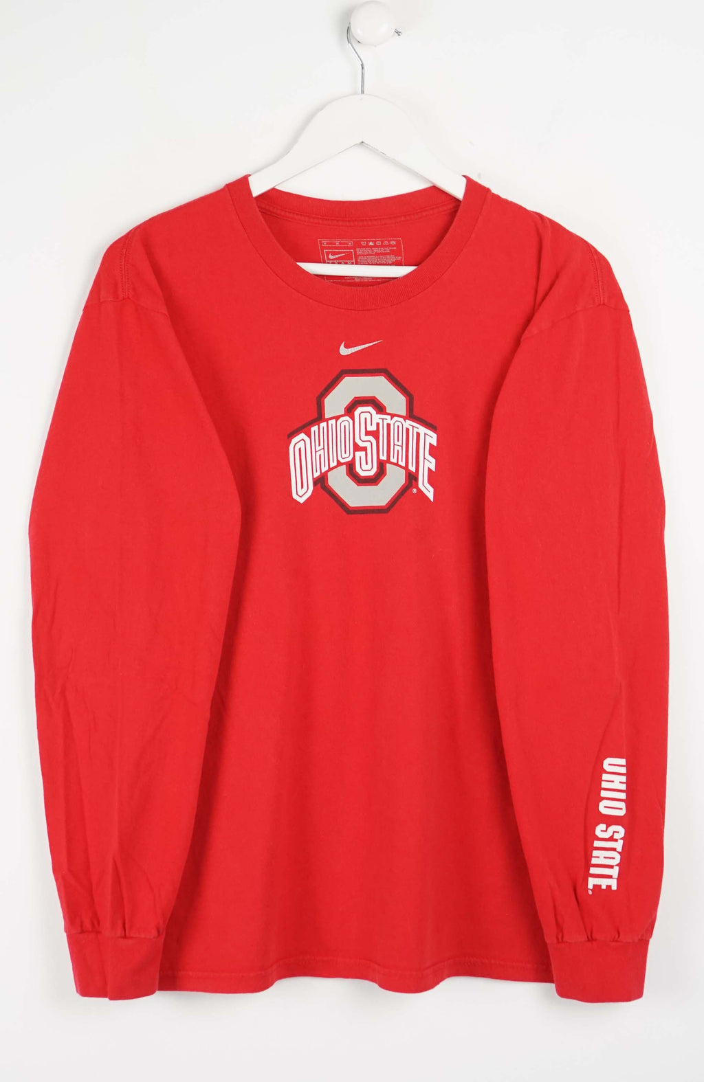 Red long-sleeve shirt with Ohio State logo on a white background