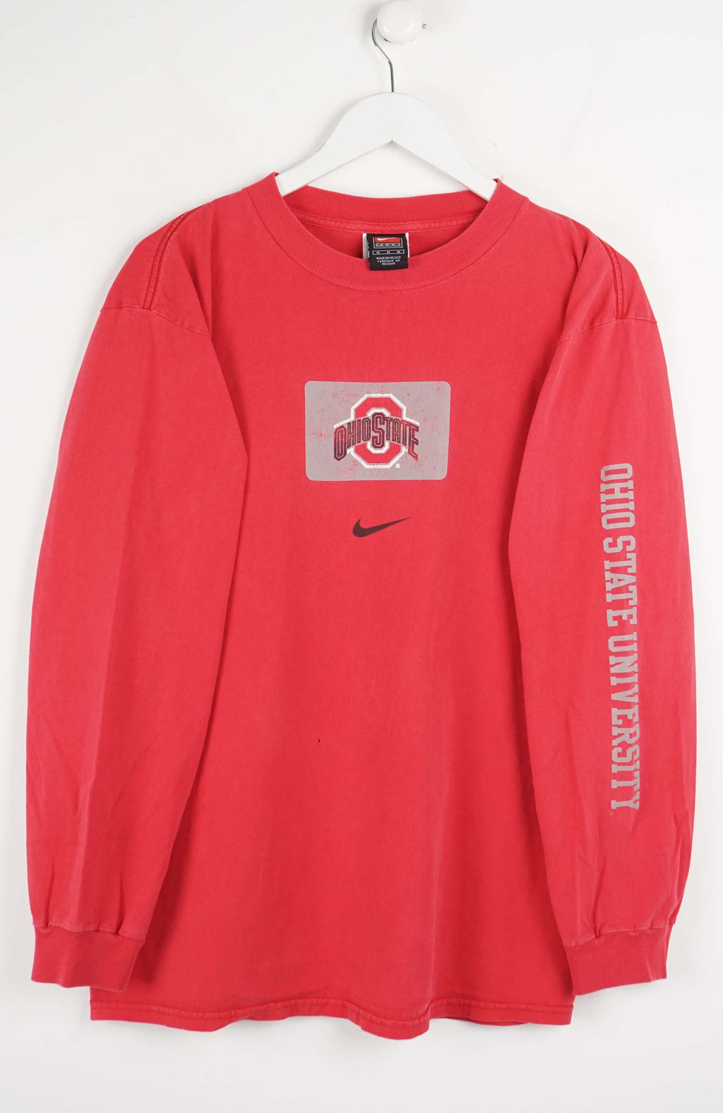 Red long-sleeve shirt with Ohio State University logo and Nike branding on a white background