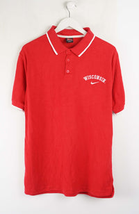 Red polo shirt with 'Wisconsin' text on a white background
