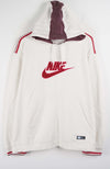White hoodie with red Nike logo on a white background