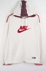 White hoodie with red Nike logo on a white background
