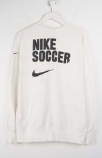 White sweatshirt with 'Nike Soccer' text and logo on a white background