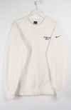 White sweatshirt with Nike logo on a hanger against a white background