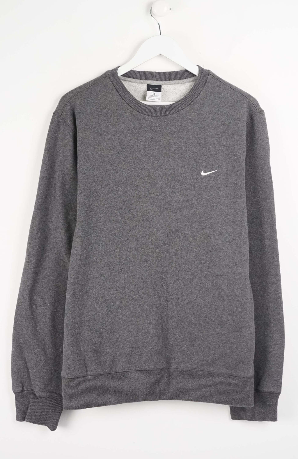 Gray sweatshirt with a small logo on a white background