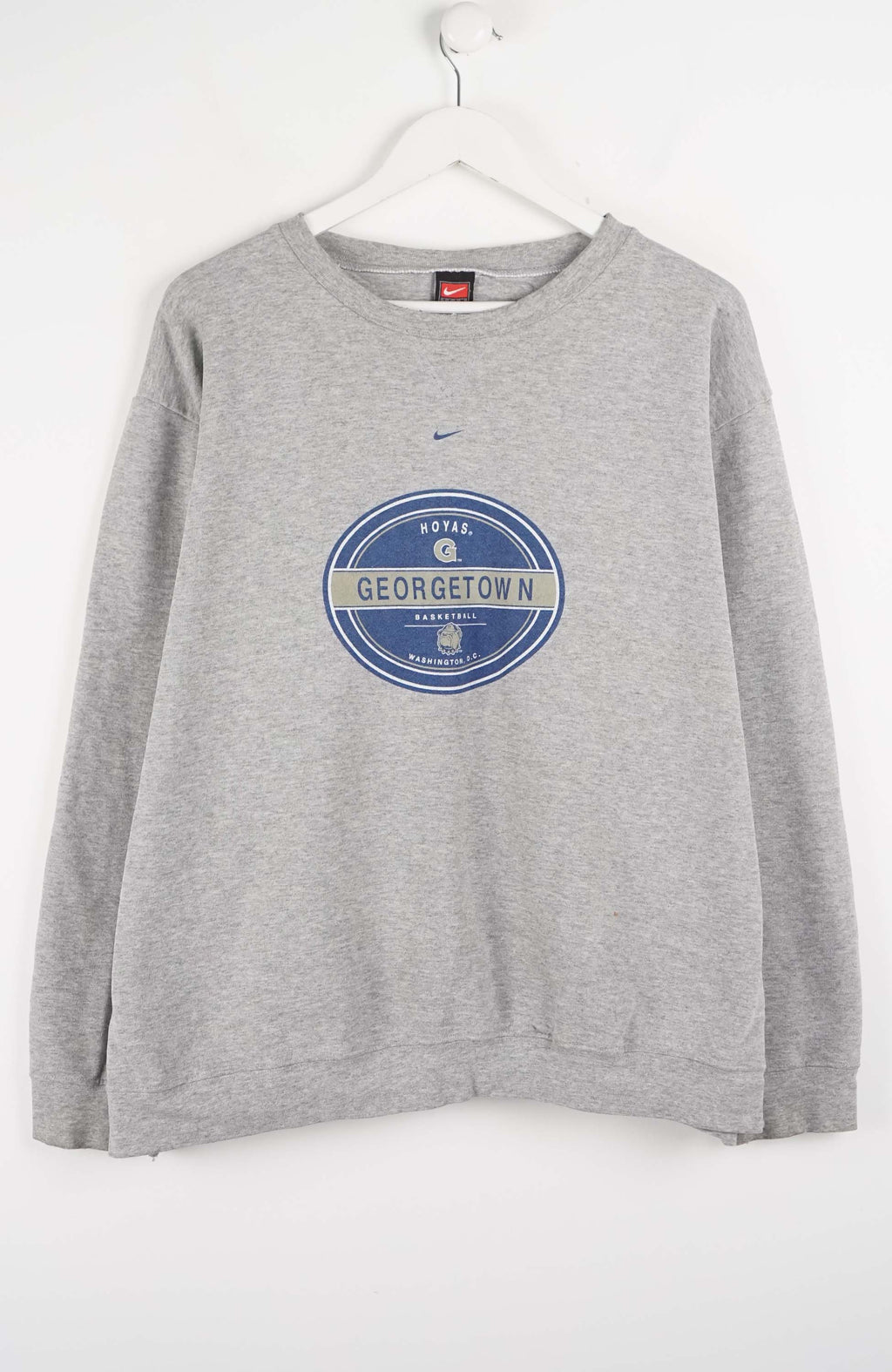Gray sweatshirt with a blue logo on a white background