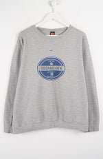 Gray sweatshirt with a blue logo on a white background