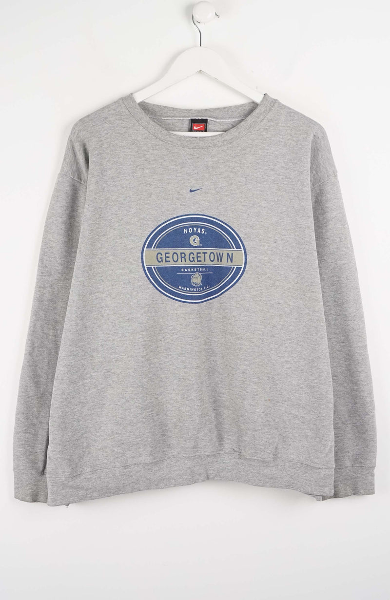 Gray sweatshirt with a blue logo on a white background