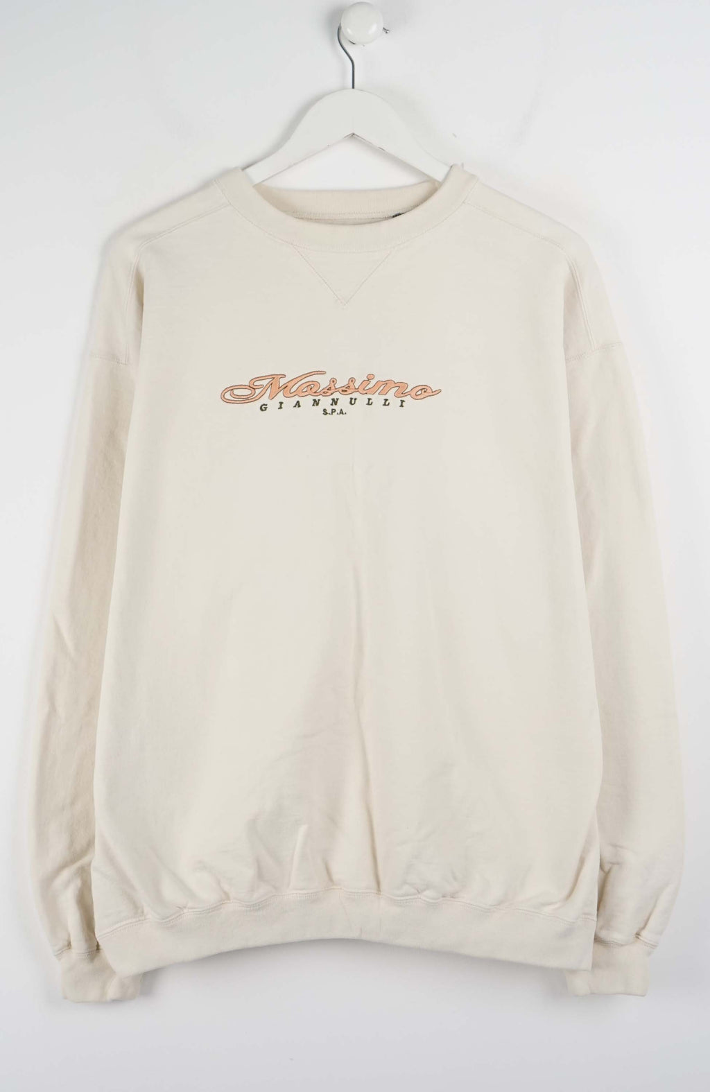 Beige sweatshirt with text on a white background